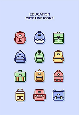 아이콘 교육 큐티아이콘 책가방 종류 사람없음 세트 다양 라인아이콘 백팩 교육아이콘 보조가방 2D아이콘 AI파일 다수 가방 파일형식 벡터