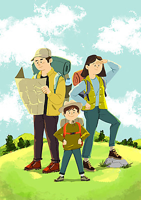 전신 PSD 응시 여자 남자 어린이 지도 일러스트 배낭 가족 초원 성인 야외 세명 등산 하이킹 국내일러스트 시선 가방 관계 레저 사람 트래킹 파일형식