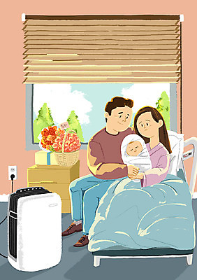 전신 PSD 여자 남자 꽃다발 일러스트 가족 안기 실내 병원 성인 세명 침대 아기 출산 국내일러스트 꽃 가구 의학 관계 모션 사람 내부 파일형식