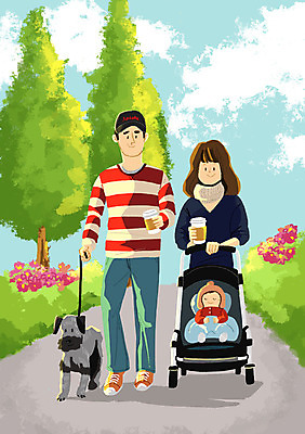 전신 PSD 한마리 공원 여자 남자 커피 일러스트 가족 성인 야외 세명 산책 아기 강아지 유모차 반려 국내일러스트 1 공공시설 음료 관계 휴식 사람 반려동물 아기용품 개 파일형식