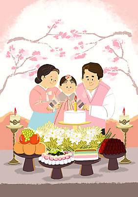 PSD 여자 남자 일러스트 가족 기념 상반신 성인 세명 축하 아기 생일 한복 생일축하 돌잔치 생일상 첫돌 국내일러스트 한국전통 기념일 컨셉 관계 사람 돌_생일 전통의상 파일형식