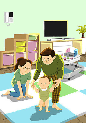 전신 PSD 여자 남자 거실 일러스트 가족 실내 성인 세명 기쁨 아기 잡기 걸음마 보행기 국내일러스트 감정 관계 모션 사람 내부 파일형식