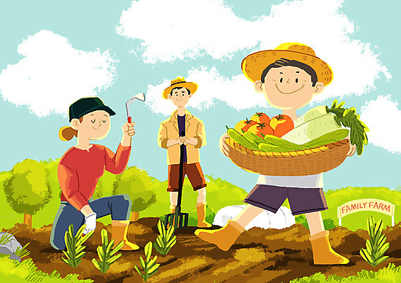 전신 PSD 여자 남자 어린이 토마토 일러스트 가족 자연 오이 성인 야외 세명 수확 가족라이프 무 텃밭 호미 국내일러스트 라이프스타일 밭 농업 채소 관계 뿌리채소 사람 농기구 생태계 파일형식