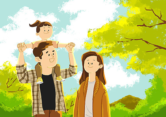 PSD 나무 여자 남자 어린이 일러스트 가족 자연 상반신 성인 야외 세명 소풍 목말 국내일러스트 식물 관계 모션 사람 야외활동 생태계 파일형식