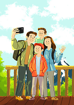 전신 PSD 여자 남자 어린이 일러스트 배낭 가족 청소년 산 여러명 성인 부모 등산 자녀 셀프카메라 가족사진 단체사진 국내일러스트 다수 가방 관계 사람 사진촬영 트래킹 기념사진 파일형식