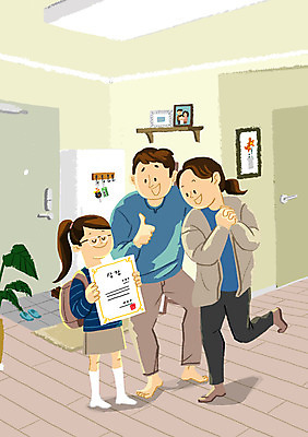 전신 PSD 학생 여자 남자 어린이 일러스트 가족 성인 세명 부모 자녀 최고 상패 즐거움 국내일러스트 감정 관계 사람 상_우승 파일형식