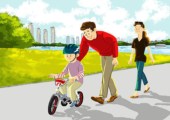 전신 PSD 공원 여자 남자 어린이 일러스트 가족 성인 야외 세명 부모 자전거 산책 자녀 밀기 국내일러스트 공공시설 관계 모션 휴식 사람 바이크 파일형식