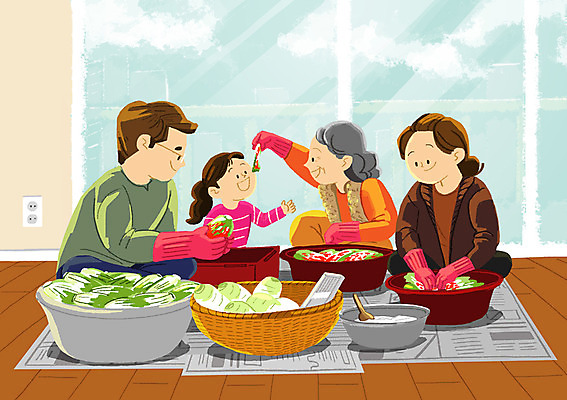 PSD 여자 남자 할머니 어린이 일러스트 가족 김치 실내 여러명 상반신 성인 무 배추 김장 국내일러스트 노년 한식 다수 채소 관계 뿌리채소 사람 내부 파일형식
