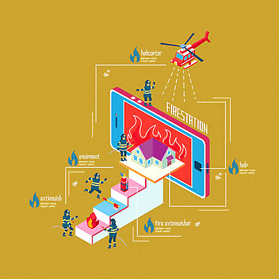 전신 남자 일러스트 불 주택 정보기술 여러명 성인 스마트폰 소방관 소화기 소방서 소방헬리콥터 소방호스 사물인터넷 4차산업 국내일러스트 AI파일 자연요소 산업 다수 기술 사람 건물 핸드폰 스마트기기 안전장비 구조원 소방 호스 파일형식 벡터