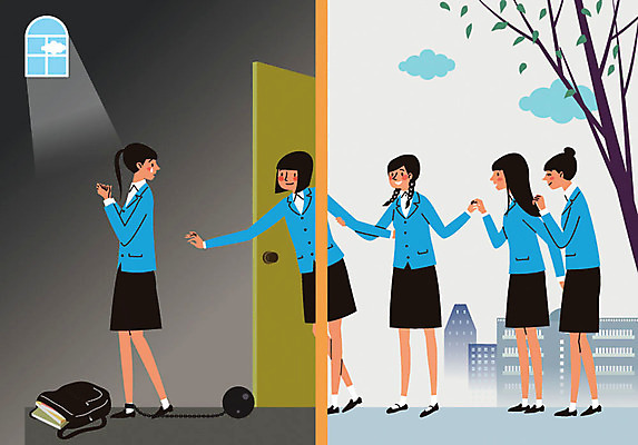 전신 학생 여자 교복 일러스트 학교 청소년 여러명 10대 친구 도움 고독 손내밀기 눈물 위로 힘듦 국내일러스트 AI파일 옷 교육 감정 다수 컨셉 관계 사람 손짓 파일형식 벡터