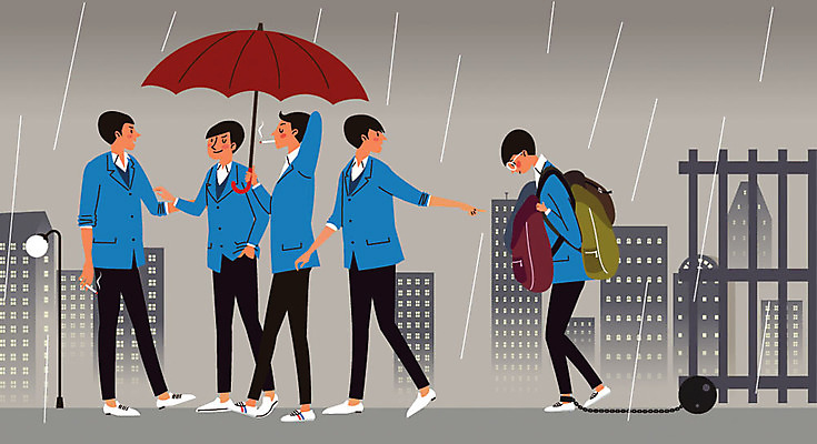 전신 학생 남자 교복 가방 일러스트 우산 학교 청소년 여러명 10대 비 쇠사슬 학대 무거움 심부름 학교폭력 힘듦 국내일러스트 AI파일 자연요소 잡화 옷 교육 다수 컨셉 날씨 사람 폭력 무게 사회이슈 파일형식 벡터