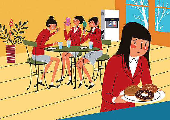 전신 학생 여자 교복 빵 일러스트 학교 청소년 여러명 상반신 10대 학대 나쁜 심부름 학교폭력 힘듦 국내일러스트 AI파일 옷 교육 음식 다수 컨셉 사람 폭력 사회이슈 파일형식 벡터