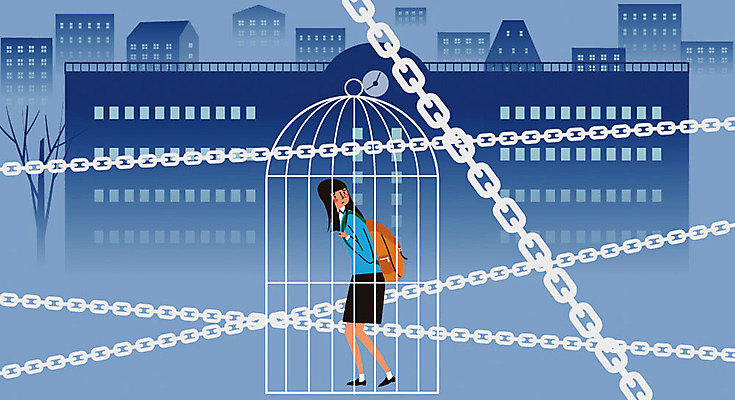 전신 학생 여자 교복 일러스트 학교 청소년 한명 10대 도움 보호 쇠사슬 학대 괴로움 새장 갇힘 학교폭력 힘듦 국내일러스트 AI파일 1 옷 교육 감정 컨셉 모션 사람 폭력 사회이슈 케이지 파일형식 벡터