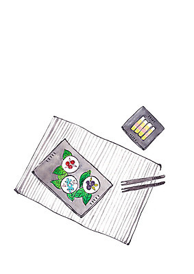 PSD 한국전통 접시 포크 꽃무늬 일러스트 나뭇잎 떡 사람없음 전통음식 식탁보 국내일러스트 전통 식기 꽃 음식 잎 무늬 한국 파일형식