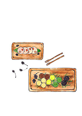 PSD 한국전통 접시 포크 일러스트 떡 사람없음 전통음식 송편 솔방울 솔잎 국내일러스트 전통 식기 음식 잎 한국 파일형식