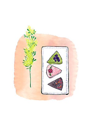 PSD 한국전통 접시 꽃무늬 일러스트 나뭇잎 떡 사람없음 전통음식 세조각 국내일러스트 전통 식기 꽃 음식 잎 무늬 한국 3 파일형식