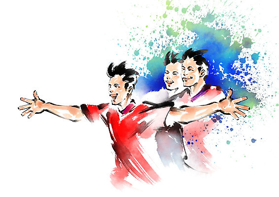 PSD 남자 스포츠 일러스트 캘리그라피 팔벌리기 붓터치 상반신 성인 세명 축구 기쁨 번짐 월드싸커 국내일러스트 감정 모션 사람 구기 파일형식 효과