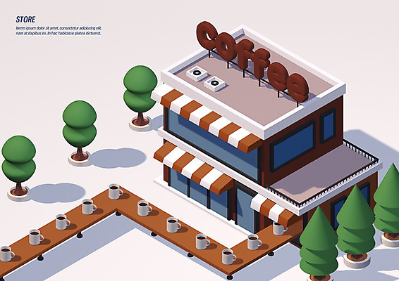 PSD 나무 편집이미지 커피 간판 사람없음 3D소스 3D 상점 여러개 카페 머그컵 발코니 제조 커피잔 옥상 디지털합성 편집3D 식물 음료 다수 잔 컵 파일형식