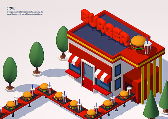 PSD 나무 편집이미지 음료 창문 간판 사람없음 3D소스 3D 문 상점 여러개 햄버거 제조 옥상 디지털합성 콜라 햄버거가게 편집3D 식물 다수 패스트푸드 식당 탄산음료 파일형식
