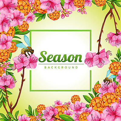 PSD 계절 꽃 백그라운드 잎 두마리 꽃백그라운드 일러스트 사각프레임 꽃나무 사람없음 사각형 꿀벌 꽃봉오리 꽃프레임 국내일러스트 도형 나무 식물 2 프레임 벌_곤충 파일형식