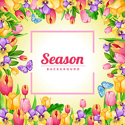 PSD 계절 꽃 나비 백그라운드 꽃백그라운드 일러스트 사각프레임 세마리 사람없음 사각형 튤립 꽃프레임 국내일러스트 도형 식물 곤충 프레임 3 파일형식