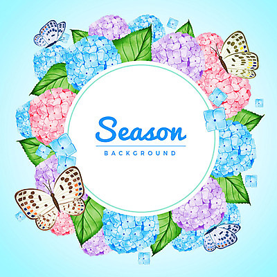PSD 계절 나비 백그라운드 잎 꽃백그라운드 여러마리 일러스트 사람없음 원형 수국 원형프레임 꽃프레임 국내일러스트 도형 식물 꽃 다수 곤충 프레임 파일형식