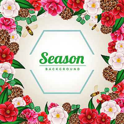 PSD 계절 꽃 백그라운드 잎 꽃백그라운드 여러마리 일러스트 프레임 사람없음 꿀벌 솔방울 육각형 꽃프레임 국내일러스트 도형 식물 다수 벌_곤충 파일형식