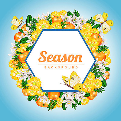 PSD 계절 열매 꽃 나비 백그라운드 잎 꽃백그라운드 여러마리 일러스트 귤 프레임 사람없음 육각형 꽃프레임 국내일러스트 도형 식물 다수 곤충 과일 파일형식