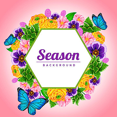 PSD 계절 꽃 나비 백그라운드 꽃백그라운드 여러마리 일러스트 나뭇잎 프레임 사람없음 육각형 꽃프레임 국내일러스트 도형 식물 다수 곤충 잎 파일형식