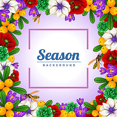 PSD 계절 열매 꽃 백그라운드 꽃백그라운드 여러마리 일러스트 나뭇잎 사각프레임 사람없음 사각형 꿀벌 꽃프레임 국내일러스트 도형 식물 다수 잎 프레임 벌_곤충 파일형식
