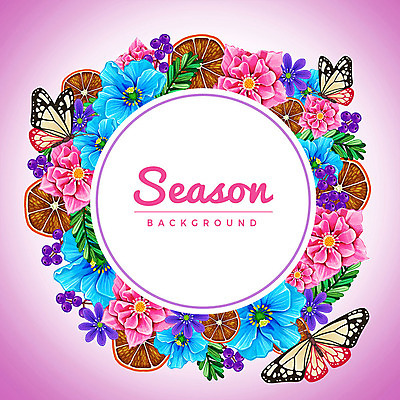 PSD 계절 열매 꽃 나비 백그라운드 꽃백그라운드 과일 여러마리 일러스트 사람없음 원형 자몽 원형프레임 꽃프레임 국내일러스트 도형 식물 다수 곤충 프레임 파일형식