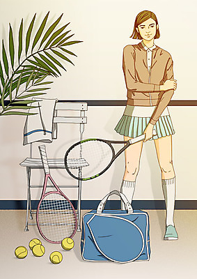 전신 PSD 모델 여자 스포츠 의자 일러스트 한명 서기 성인 수건 운동 테니스 테니스라켓 테니스선수 아트툰 국내일러스트 1 가구 모션 운동선수 건강 사람 위생용품 구기 라켓 그림 파일형식