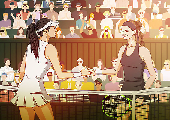 PSD 여자 남자 스포츠 일러스트 악수 들기 여러명 상반신 성인 운동 테니스 테니스라켓 네트 군중 테니스장 테니스선수 객석 아트툰 국내일러스트 다수 스포츠시설 모션 운동선수 건강 사람 손짓 구기 라켓 그림 파일형식