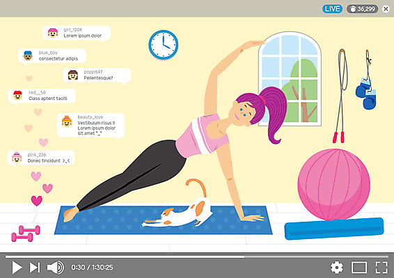 전신 한마리 여자 시계 일러스트 요가 한명 사람 성인 운동 고양이 아령 매트 권투글러브 짐볼 줄넘기 반려 채팅 필라테스 인터넷방송 크리에이터 국내일러스트 AI파일 직업 1 웰빙 포유류 건강 반려동물 글러브 파일형식 벡터 1인미디어