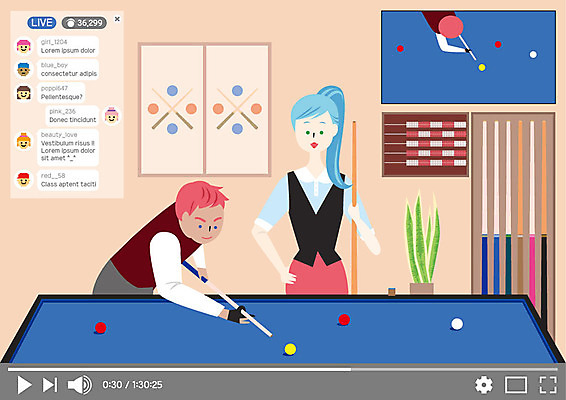 여자 남자 일러스트 사람 상반신 성인 두명 당구공 당구대 당구채 당구장 채팅 인터넷방송 크리에이터 국내일러스트 AI파일 직업 공 당구 당구용품 파일형식 벡터 1인미디어