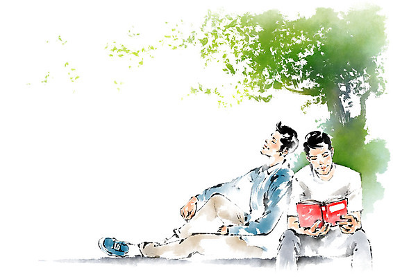 전신 PSD 나무 남자 일러스트 캘리그라피 붓터치 사람 앉기 성인 두명 책 친구 독서 기댐 국내일러스트 식물 관계 모션 파일형식