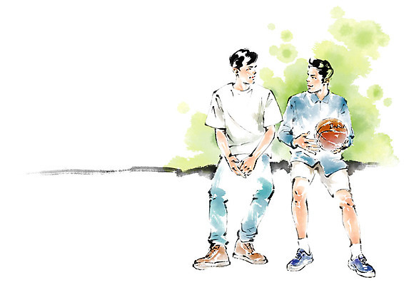 전신 PSD 남자 일러스트 캘리그라피 붓터치 농구공 사람 앉기 성인 두명 친구 운동 마주보기 우정 국내일러스트 공 관계 모션 농구 건강 파일형식