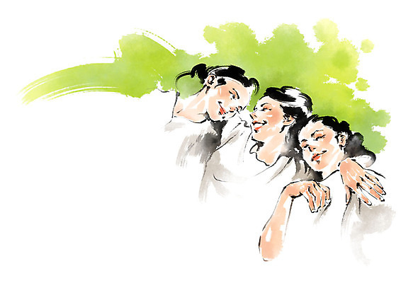 PSD 응시 여자 일러스트 캘리그라피 어깨동무 붓터치 미소 사람 상반신 성인 세명 친구 마주보기 우정 국내일러스트 시선 포즈 관계 모션 표정 파일형식