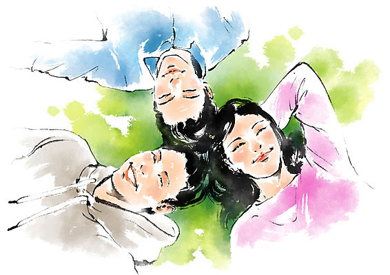 PSD 응시 여자 남자 일러스트 캘리그라피 붓터치 미소 사람 초원 상반신 성인 세명 친구 눕기 우정 팔베개 머리맞대기 국내일러스트 시선 관계 모션 표정 파일형식