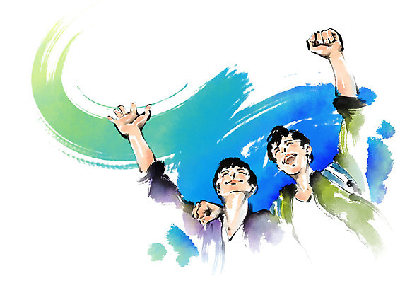 PSD 남자 일러스트 캘리그라피 붓터치 미소 사람 상반신 성인 두명 친구 손들기 파이팅 주먹 우정 올려보기 백팩 국내일러스트 가방 관계 모션 표정 파일형식