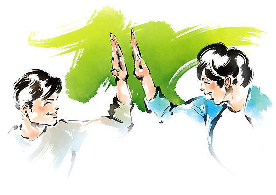 PSD 남자 일러스트 캘리그라피 붓터치 미소 사람 상반신 성인 두명 친구 마주보기 우정 즐거움 하이파이브 국내일러스트 감정 관계 모션 표정 손짓 파일형식