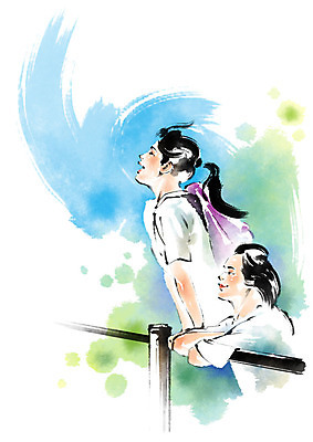 PSD 응시 여자 일러스트 캘리그라피 청소년 붓터치 미소 사람 상반신 두명 친구 울타리 기댐 우정 백팩 국내일러스트 시선 가방 관계 모션 표정 담장 파일형식