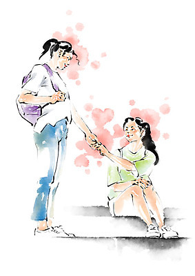 전신 PSD 여자 일러스트 캘리그라피 청소년 붓터치 서기 미소 사람 앉기 두명 친구 마주보기 손잡기 우정 백팩 국내일러스트 가방 관계 모션 표정 파일형식