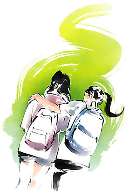 PSD 응시 여자 일러스트 캘리그라피 청소년 붓터치 사람 상반신 두명 백팩 어깨에손 국내일러스트 시선 가방 모션 파일형식