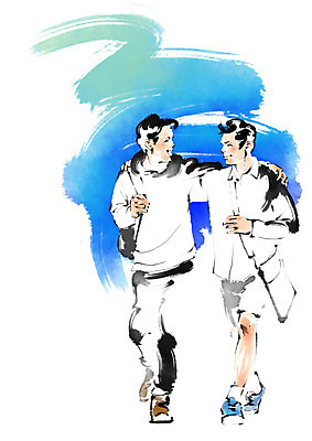 전신 PSD 남자 가방 일러스트 캘리그라피 어깨동무 붓터치 미소 사람 성인 두명 친구 마주보기 걷기 국내일러스트 잡화 포즈 관계 모션 표정 파일형식