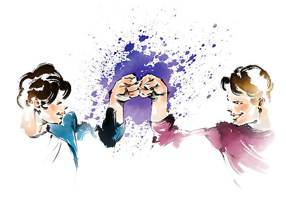 PSD 남자 일러스트 캘리그라피 붓터치 미소 사람 상반신 성인 두명 친구 마주보기 주먹 맞대기 국내일러스트 관계 모션 표정 파일형식