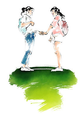 전신 PSD 여자 일러스트 캘리그라피 청소년 붓터치 서기 미소 사람 두명 친구 마주보기 손잡기 기쁨 만남 백팩 국내일러스트 감정 컨셉 가방 관계 모션 표정 파일형식