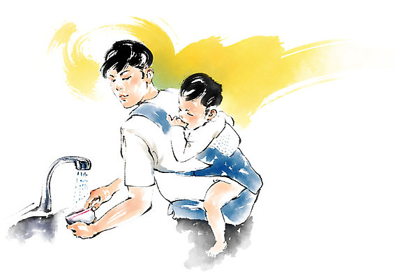 PSD 남자 아들 가사 일러스트 캘리그라피 붓터치 사람 상반신 성인 두명 육아 아기 뒤돌아보기 아빠 설거지 개수대 싱크대 업기 밥그릇 힘듦 아기띠 남성육아휴직 육아대디 싱글대디 한부모가족 국내일러스트 그릇 컨셉 가족 모션 아기용품 파일형식 육아휴직