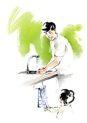 전신 PSD 응시 남자 일러스트 캘리그라피 붓터치 미소 사람 상반신 성인 두명 수건 주방 아기 잡기 설거지 개수대 싱크대 국내일러스트 시선 가사 모션 표정 위생용품 파일형식