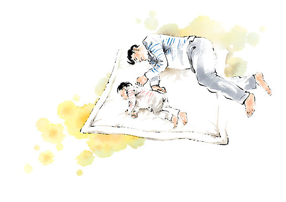 전신 PSD 남자 어린이 포즈 일러스트 캘리그라피 붓터치 사람 성인 두명 눕기 눈감음 이불 육아 잠 남성육아휴직 육아대디 싱글대디 한부모가족 국내일러스트 가족 침구 모션 아빠 파일형식 육아휴직